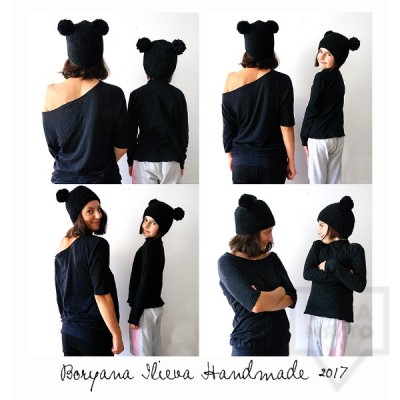Плетена шапка Boryana Ilieva Handmade - черна с понпони