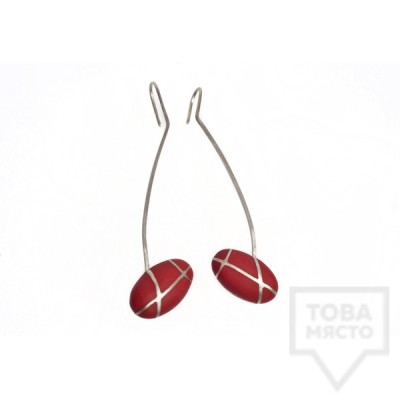 Long silver earrings Polina Dimitrova-red geometry