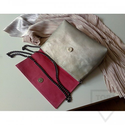Дизайнерска дамска чанта от естествена кожа Три Точки - pearl pink